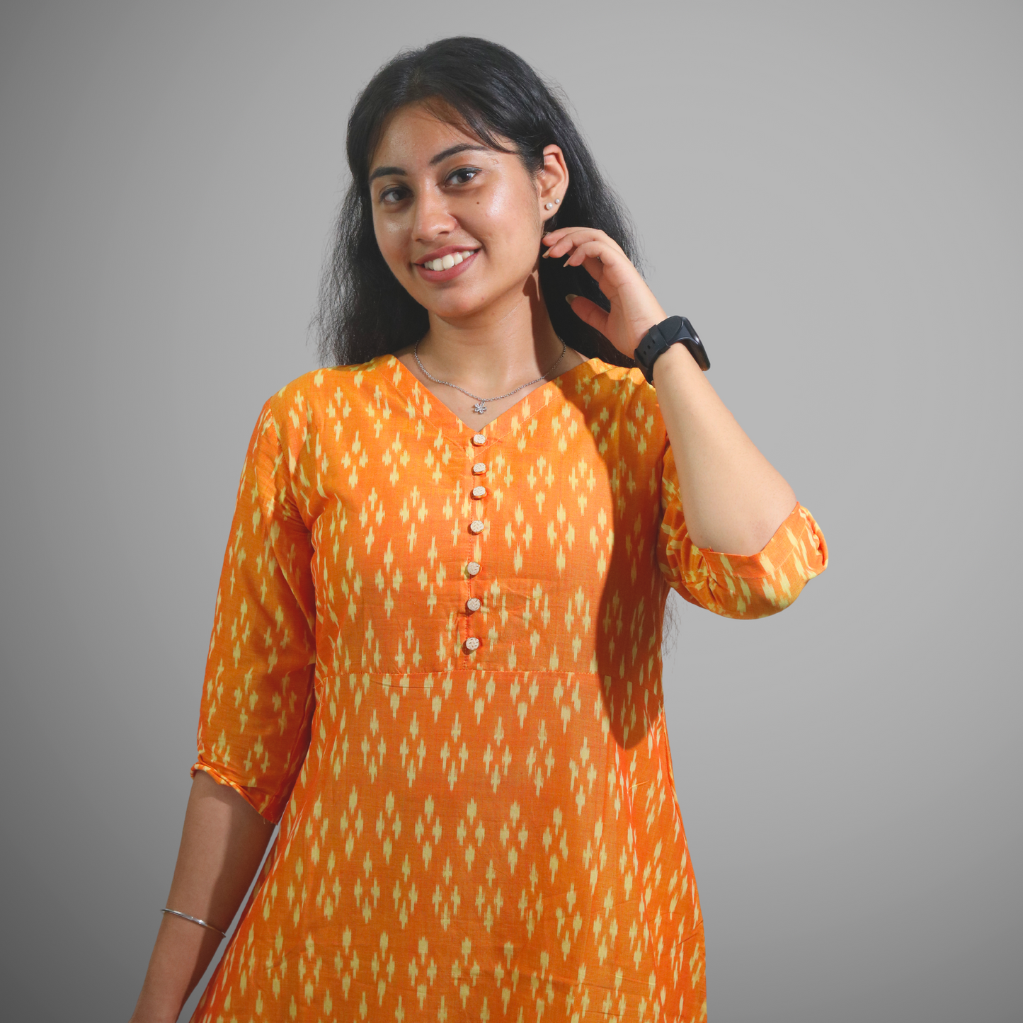 Long Kurta Marcerised Cotton Ikat Yellow