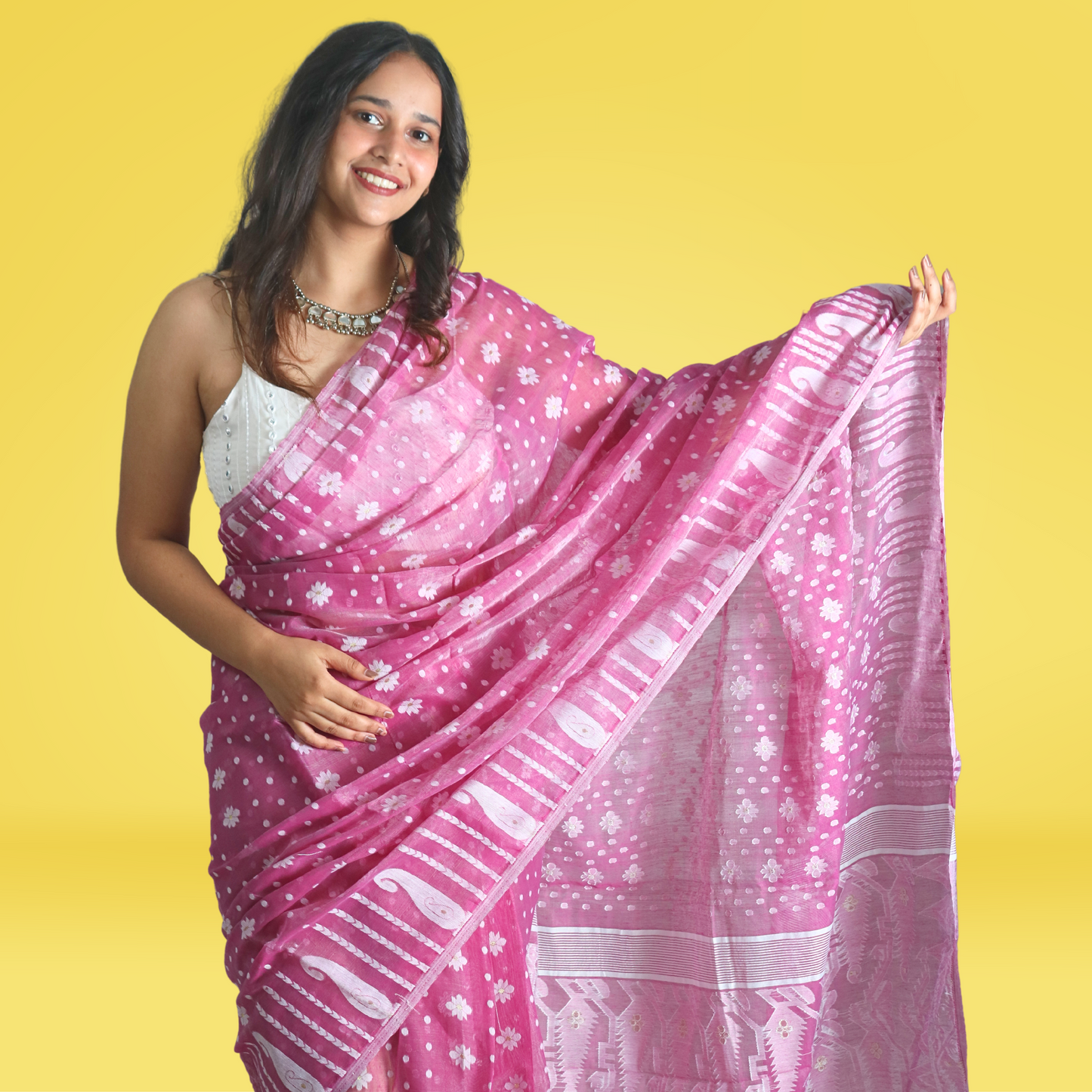 Cotton Silk Jamdani Akai Pallu Saree with blouse Light Pink