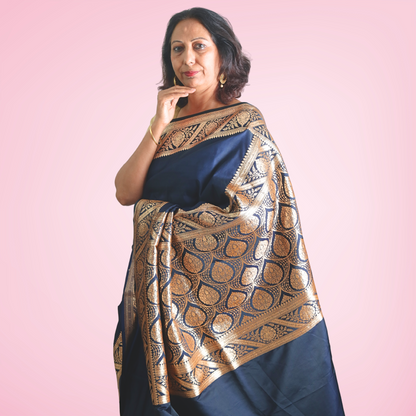 Saree Meshru Silk with blouse dark Blue With Golden Pallu Border