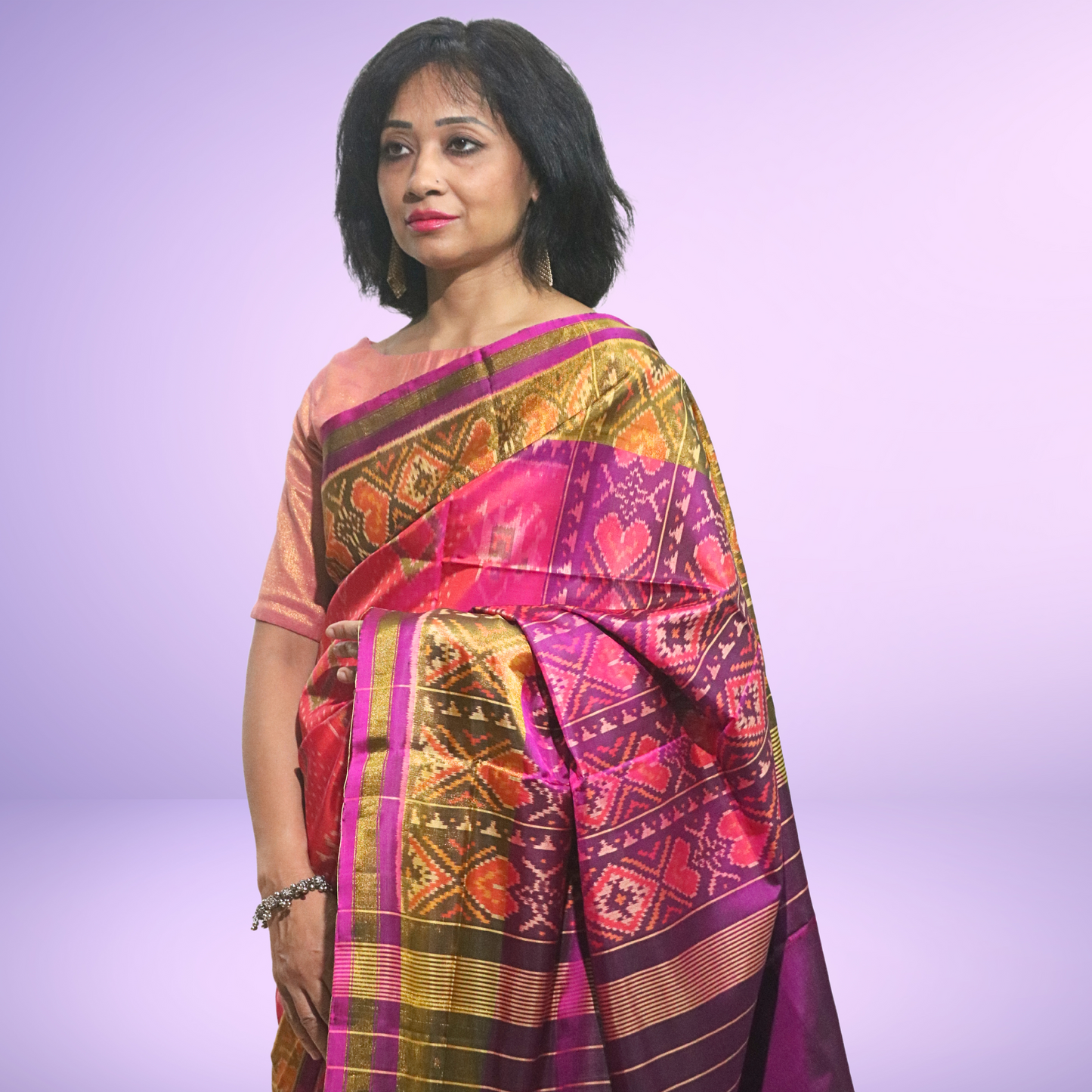 Silk Border Pallu Saree with blouse Pink body with Purple Pallu Border