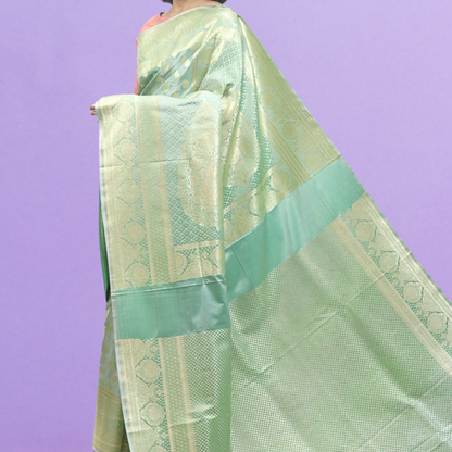 Saree Meshru Silk with blouse light Green with Golden Buti