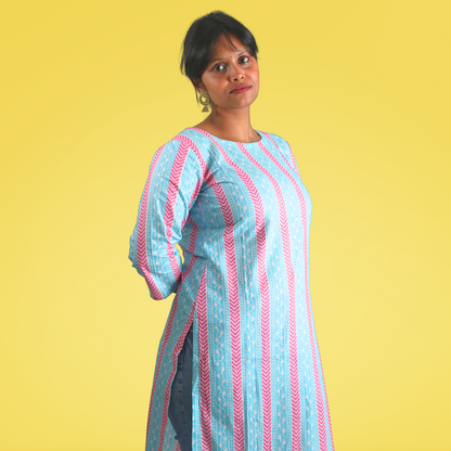 Long Kurta Printed Cotton Sky Blue