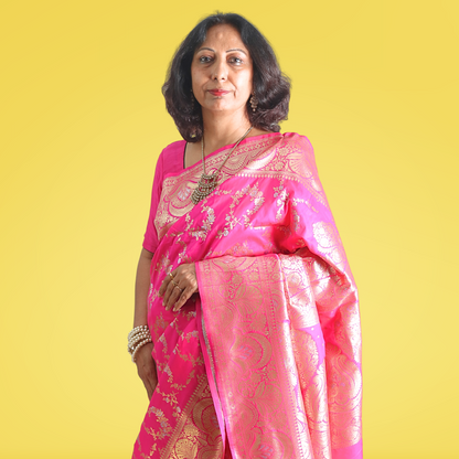 Saree Upada Alphi Dungla with blouse Dark Pink with Golden Jal