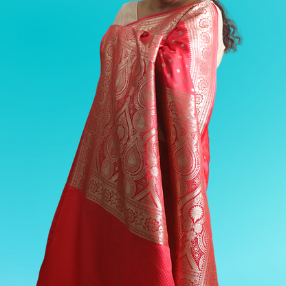 Saree Meshru Silk with Blouse Red with Golden Buti