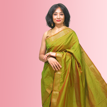 Plain Silk Border Saree with blouse Mahndi Green