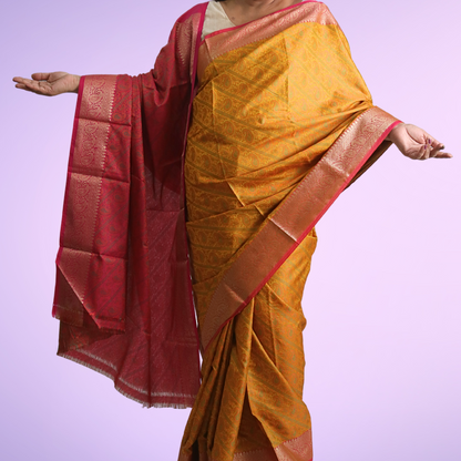 Saree Resham Tanchhui with blouse Yellow with Magaenta Border