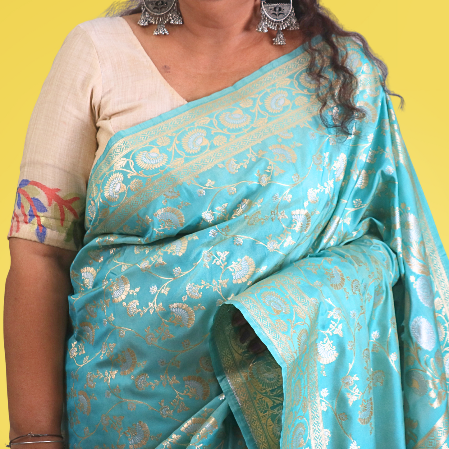 Saree Upada Alphi Dungla with blouse Marine Blue with Golden Jal