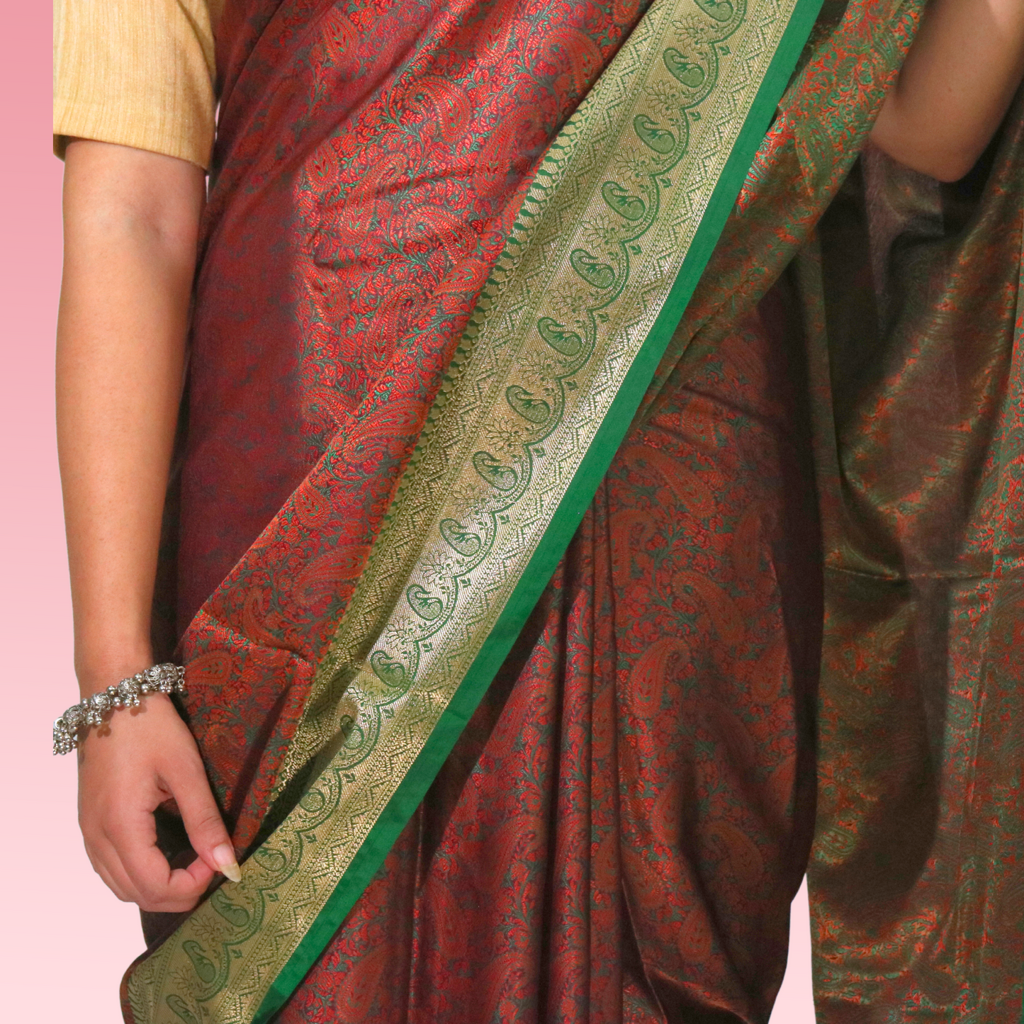 Saree Resham Tanchhui with blouse Rust with Green Border