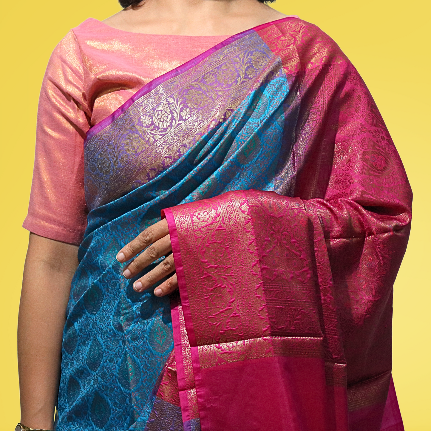 Saree Resham Tanchhui with blouse Turqoise with Magaenta Border