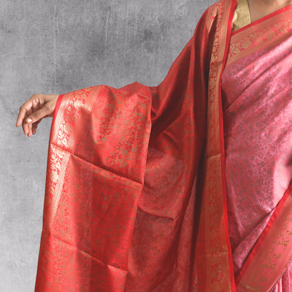 Saree Resham Tanchhui with blouse Pink with Red Border Pallu