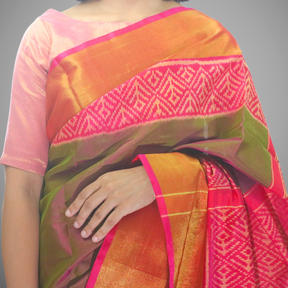 Silk Patola Saree Green with Magaenta Pallu Border (incl blouse piece)