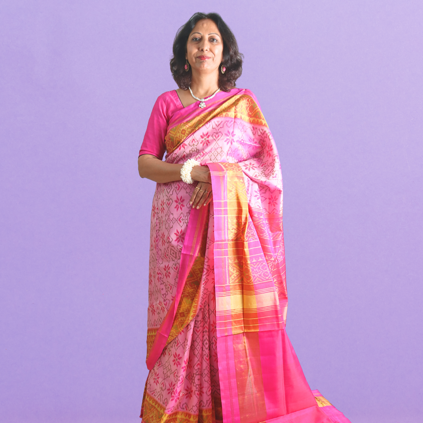 Silk Single Ikat Pink Saree with blouse