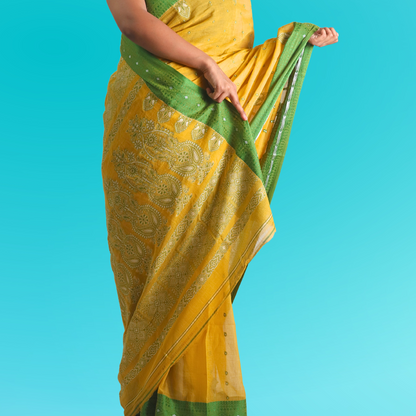 Cotton Bomkai Saree with blouse Yellow with Green Pallu Border