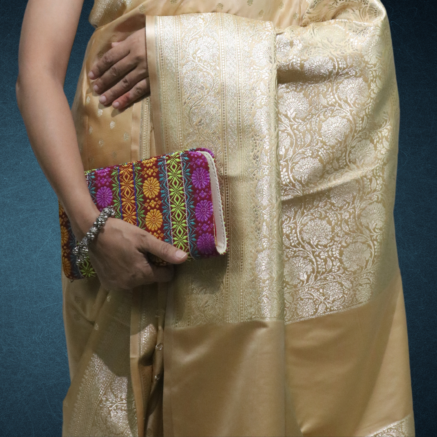 Saree Meshru Silk with blouse Golden Color with Buti