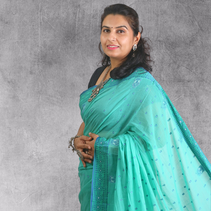 Cotton Bomkai Green Saree with blouse