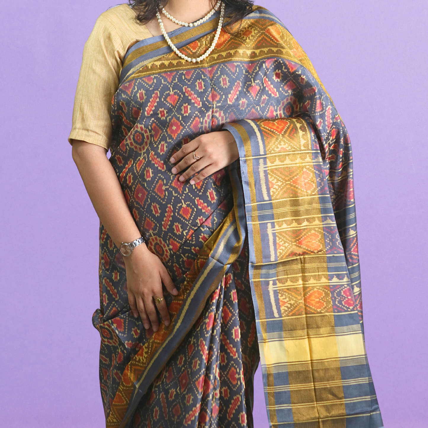 Silk Neptail Patola Saree Gray with blouse