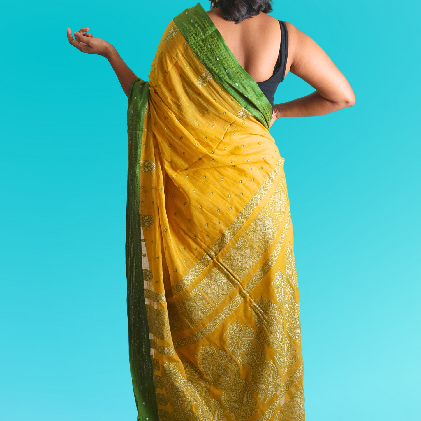 Cotton Bomkai Saree with blouse Yellow with Green Pallu Border