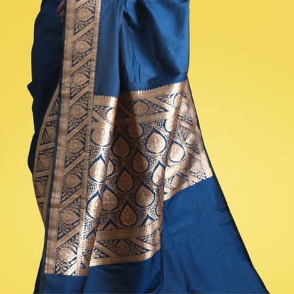 Saree Meshru Silk with Blouse Blue with Golden Pallu Boarder