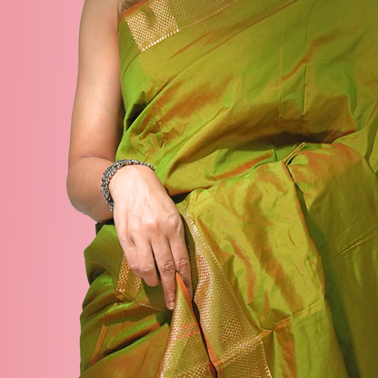 Plain Silk Border Saree with blouse Mahndi Green