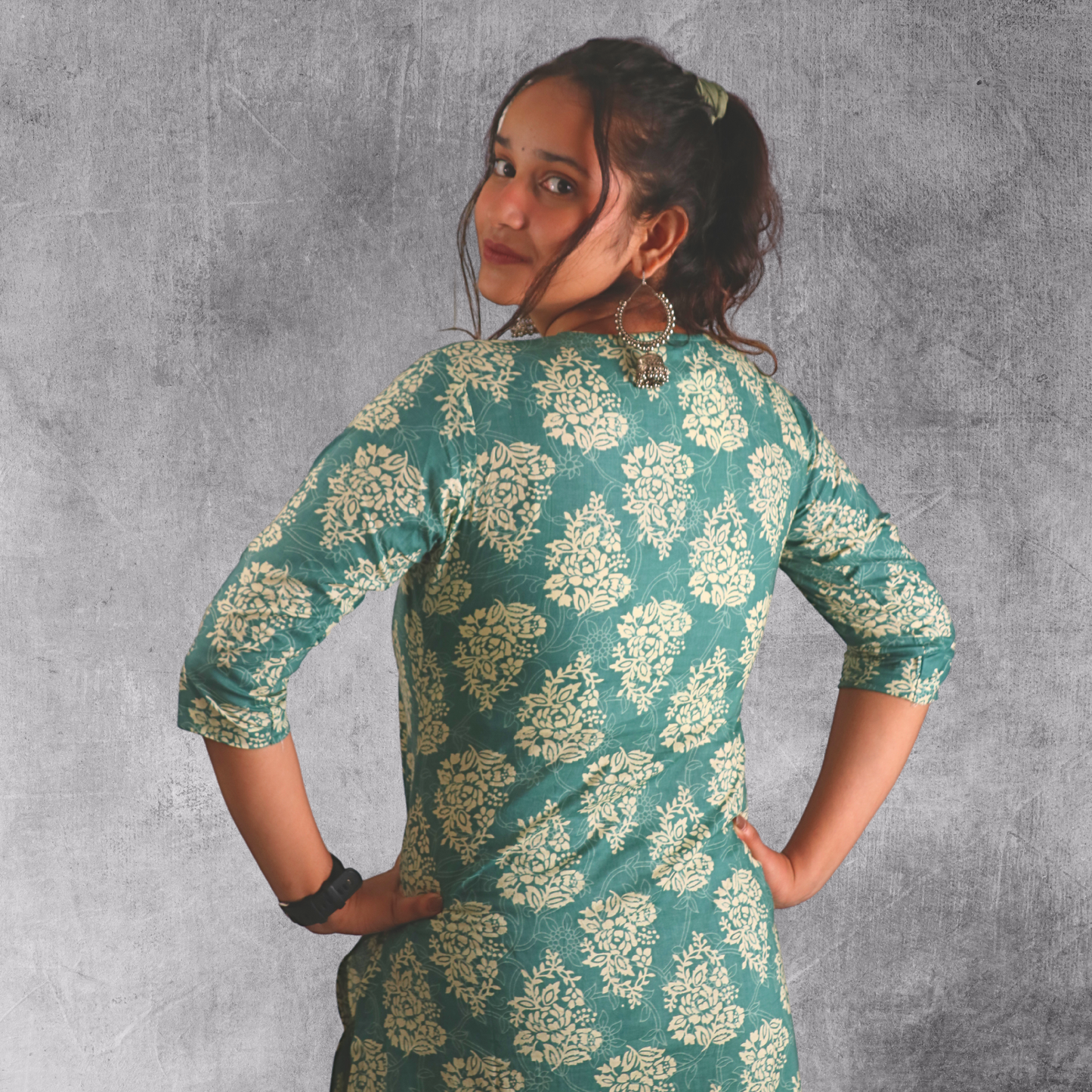 Long Kurta Printed Cotton Green