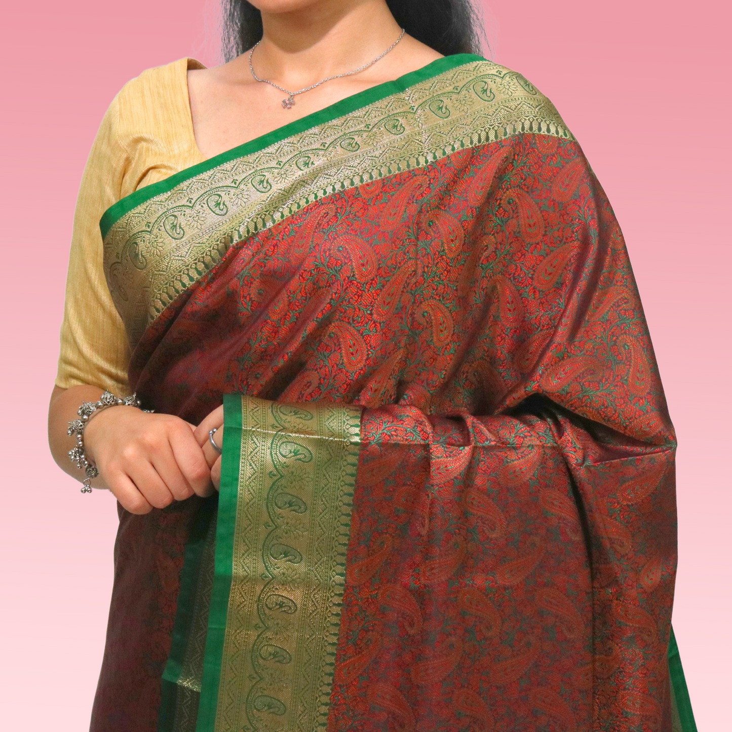 Saree Resham Tanchhui with blouse Rust with Green Border