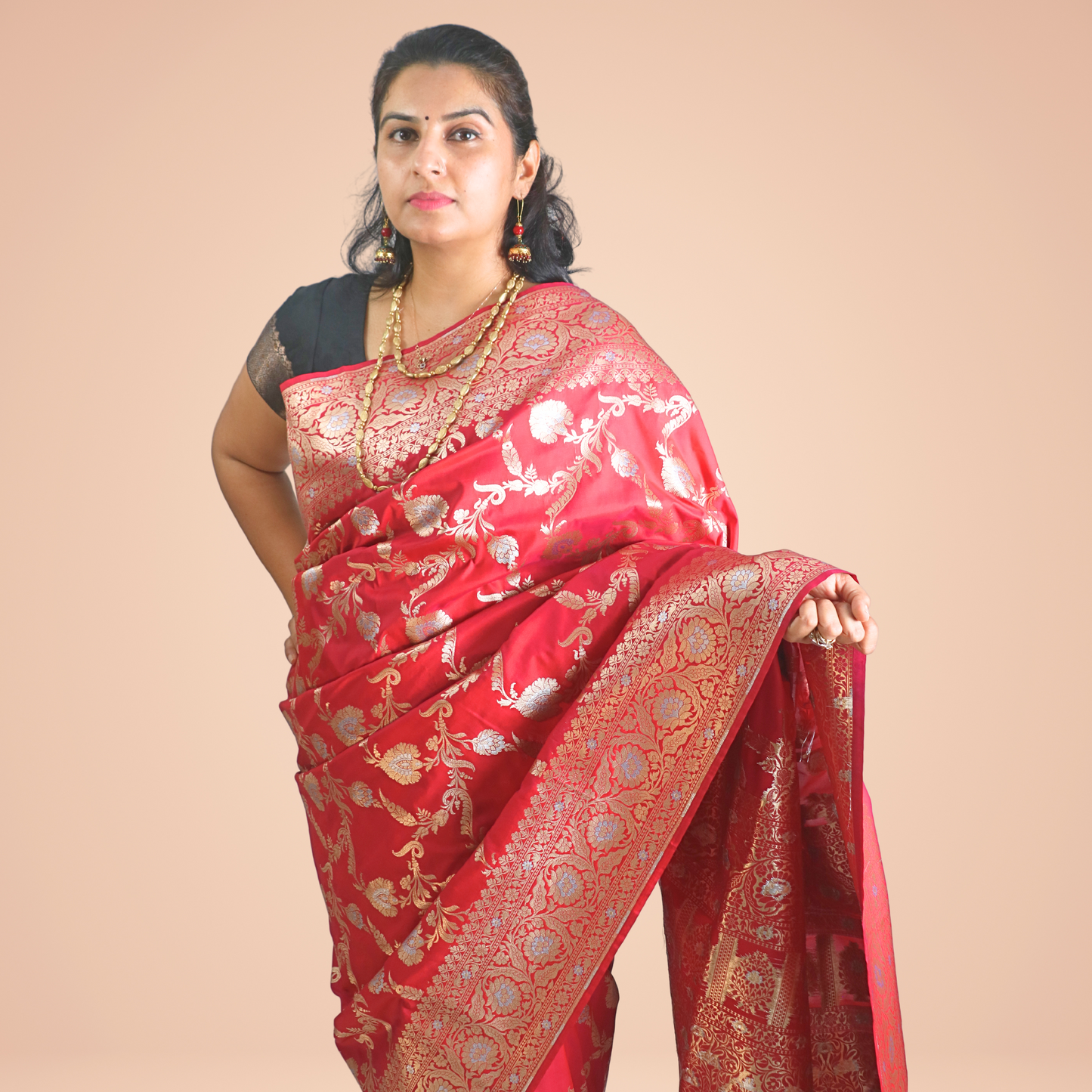 Saree Upada Alphi Dungla with blouse Red with Golden Jal