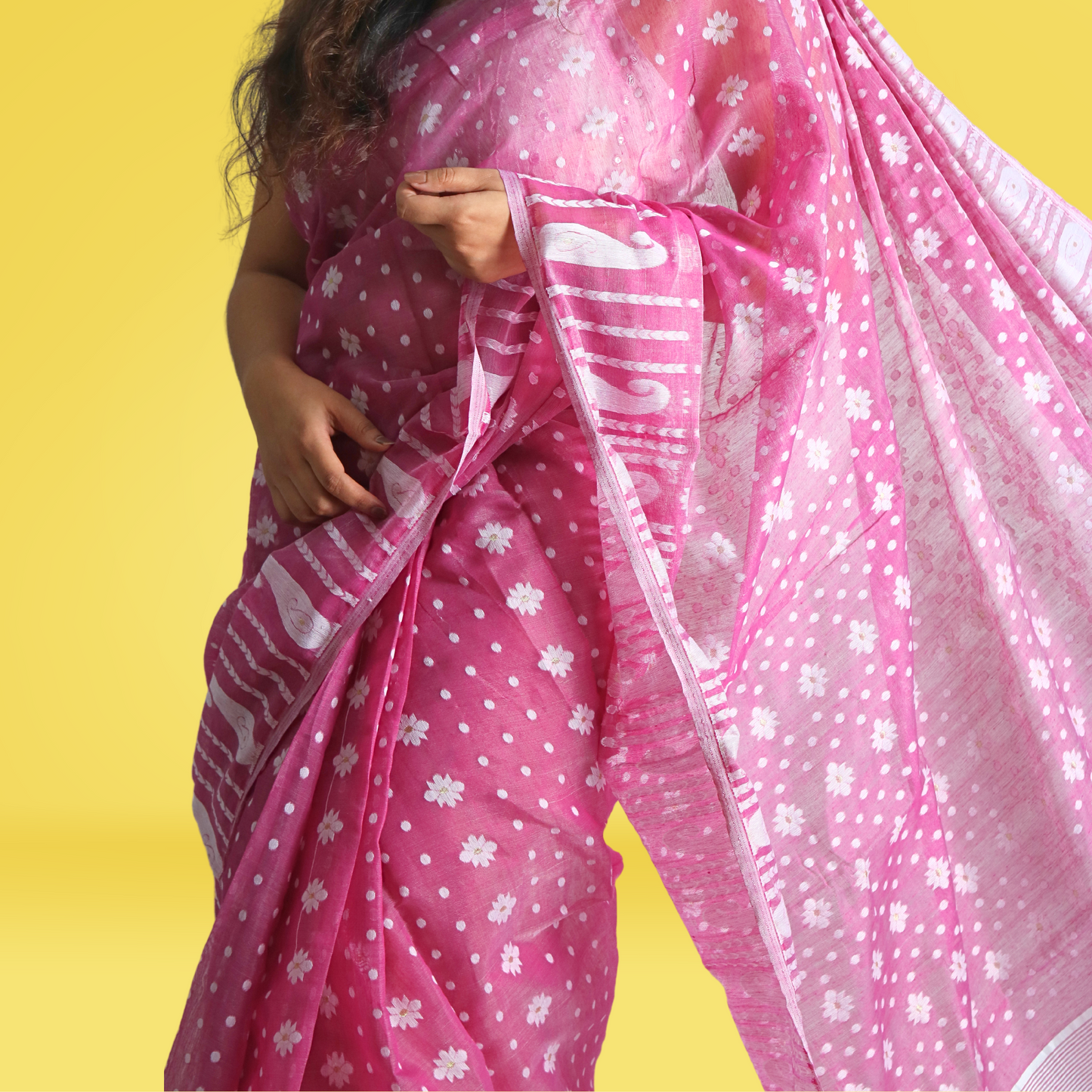 Cotton Silk Jamdani Akai Pallu Saree with blouse Light Pink