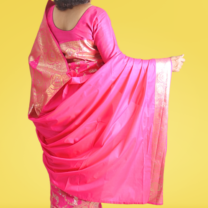 Saree Upada Alphi Dungla with blouse Dark Pink with Golden Jal