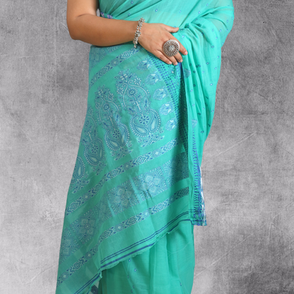 Cotton Bomkai Green Saree with blouse