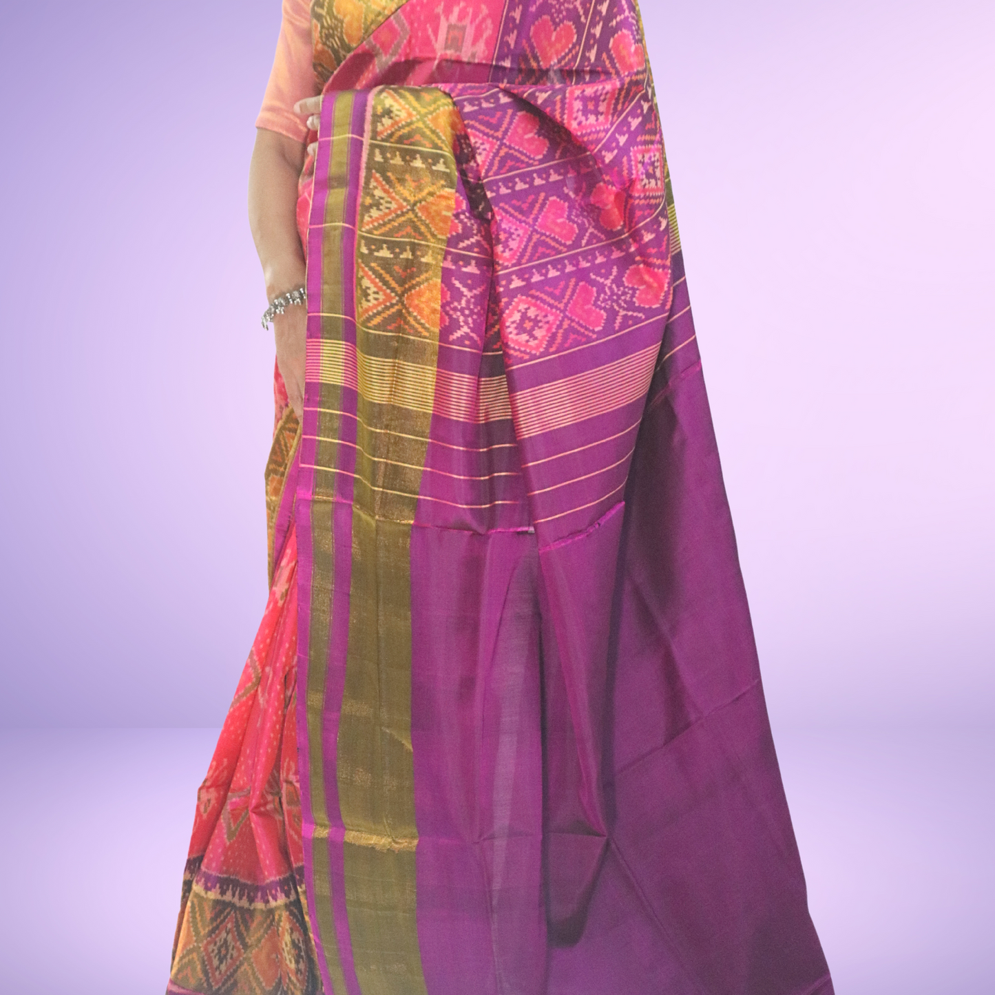 Silk Border Pallu Saree with blouse Pink body with Purple Pallu Border