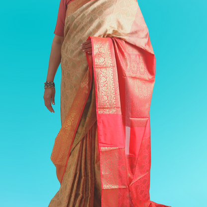 Saree Resham Tanchhui with blouse Beigi with Red Border Pallu