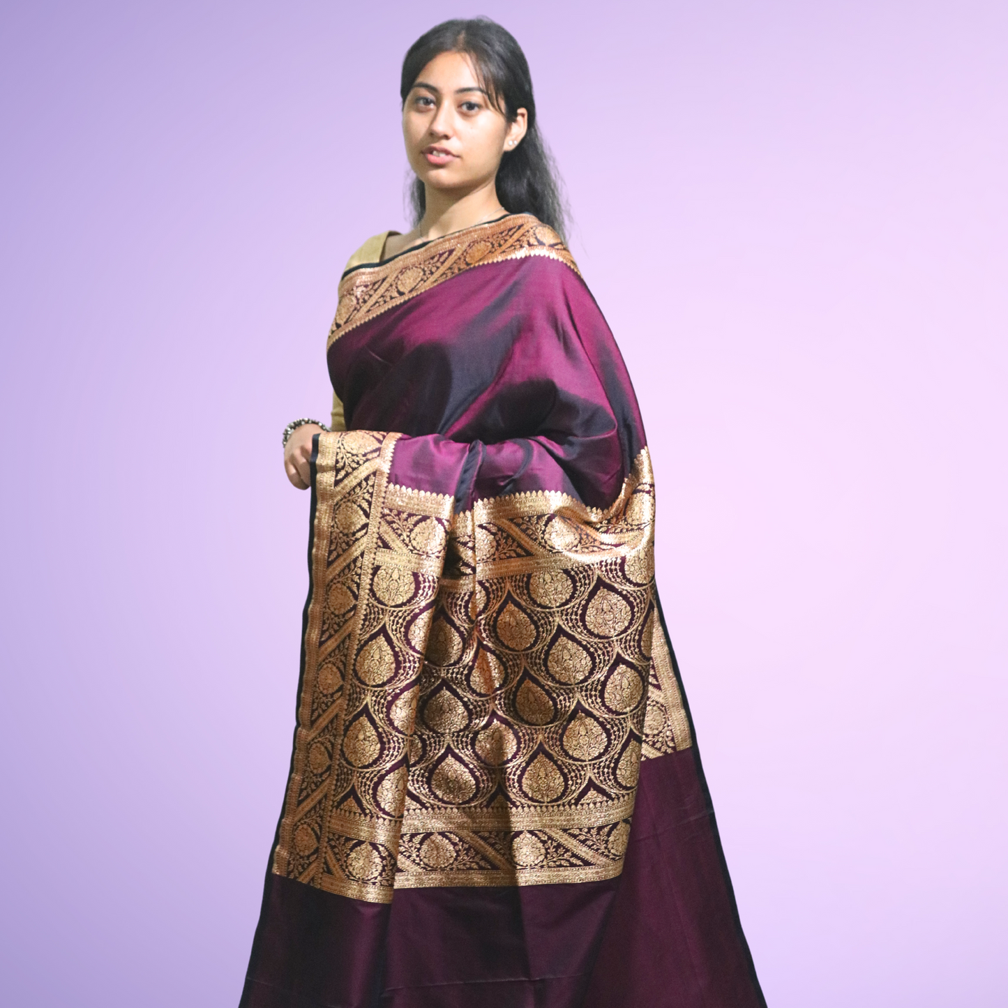 Saree Meshru Silk with blouse Dark Purple Plan Body with Heavy Pallu