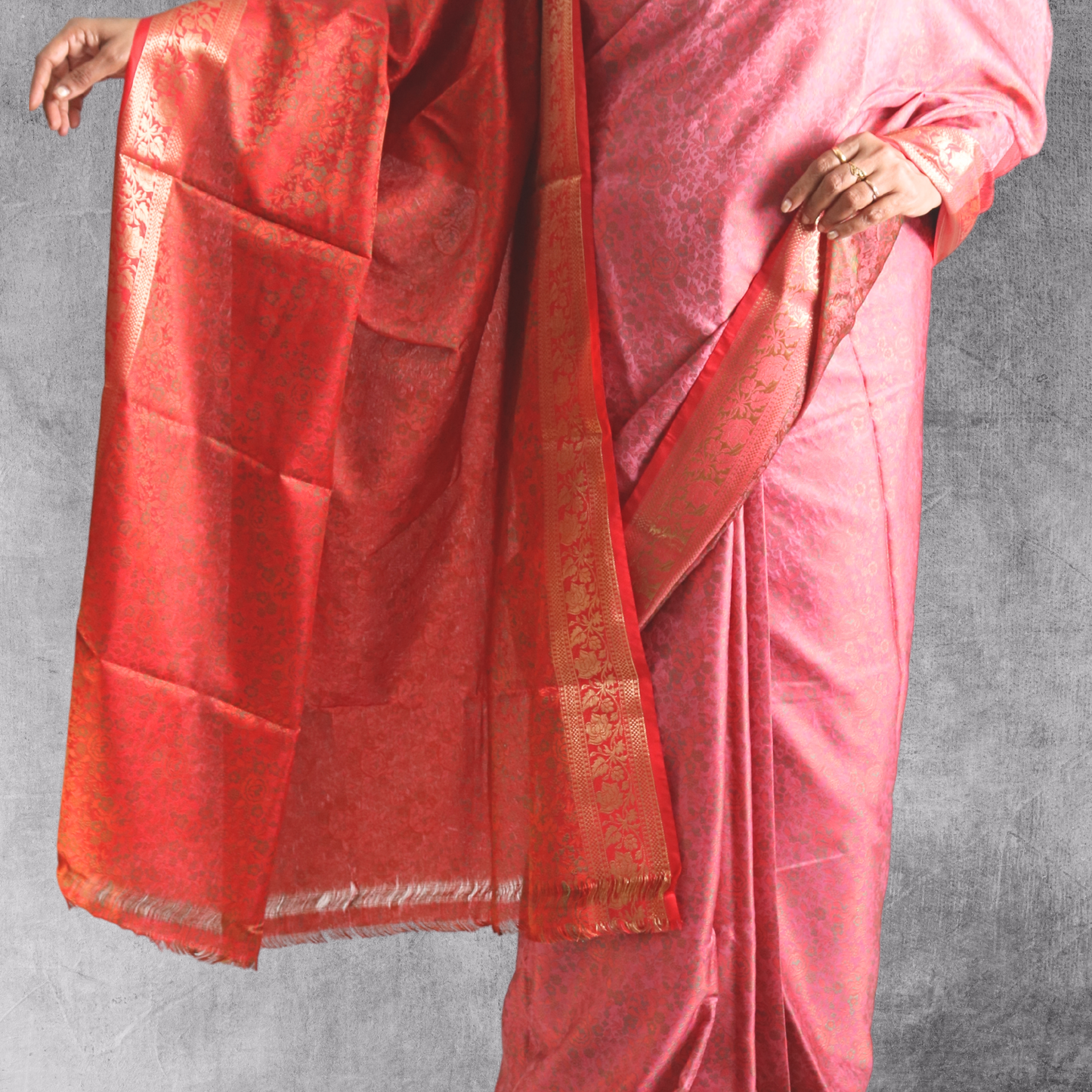 Saree Resham Tanchhui with blouse Pink with Red Border Pallu