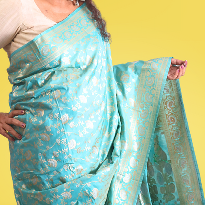 Saree Upada Alphi Dungla with blouse Marine Blue with Golden Jal