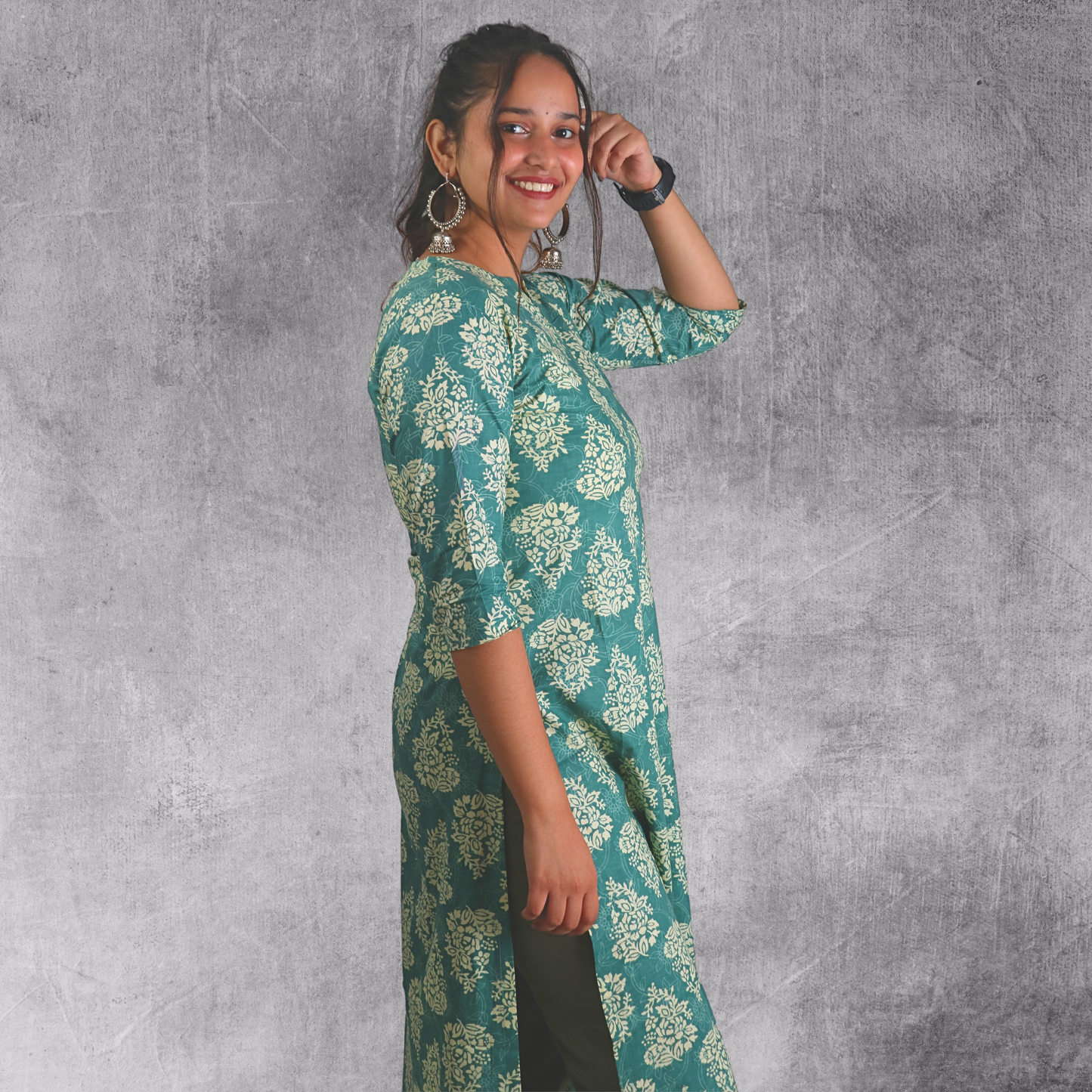 Long Kurta Printed Cotton Green