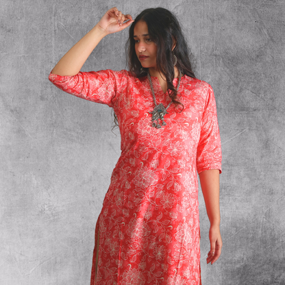 Long Kurta Printed Cotton Red