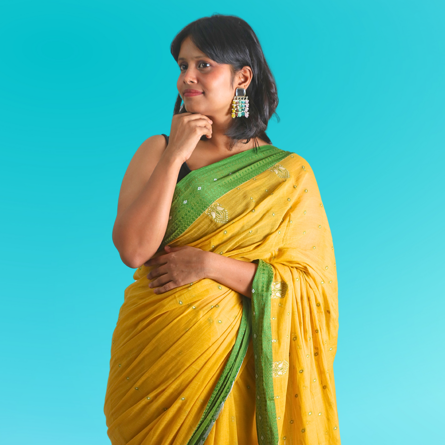 Cotton Bomkai Saree with blouse Yellow with Green Pallu Border