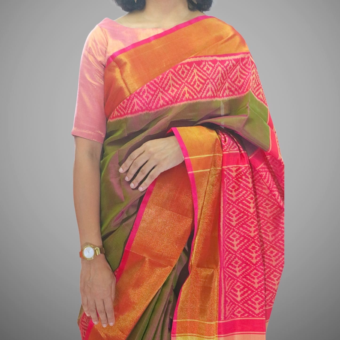 Silk Patola Saree Green with Magaenta Pallu Border (incl blouse piece)