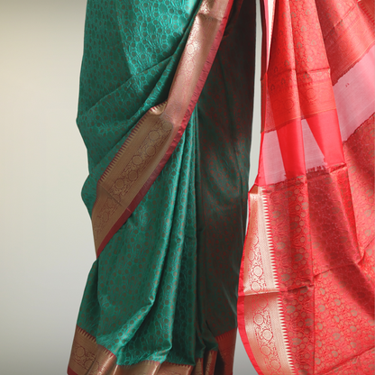 Saree Resham Tanchhui with blouse Green with Red Border Pallu