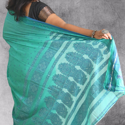 Cotton Bomkai Green Saree with blouse