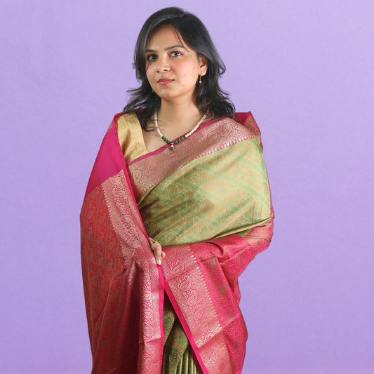 Saree Resham Tanchhui with Blouse Green with Mageanta Pallu