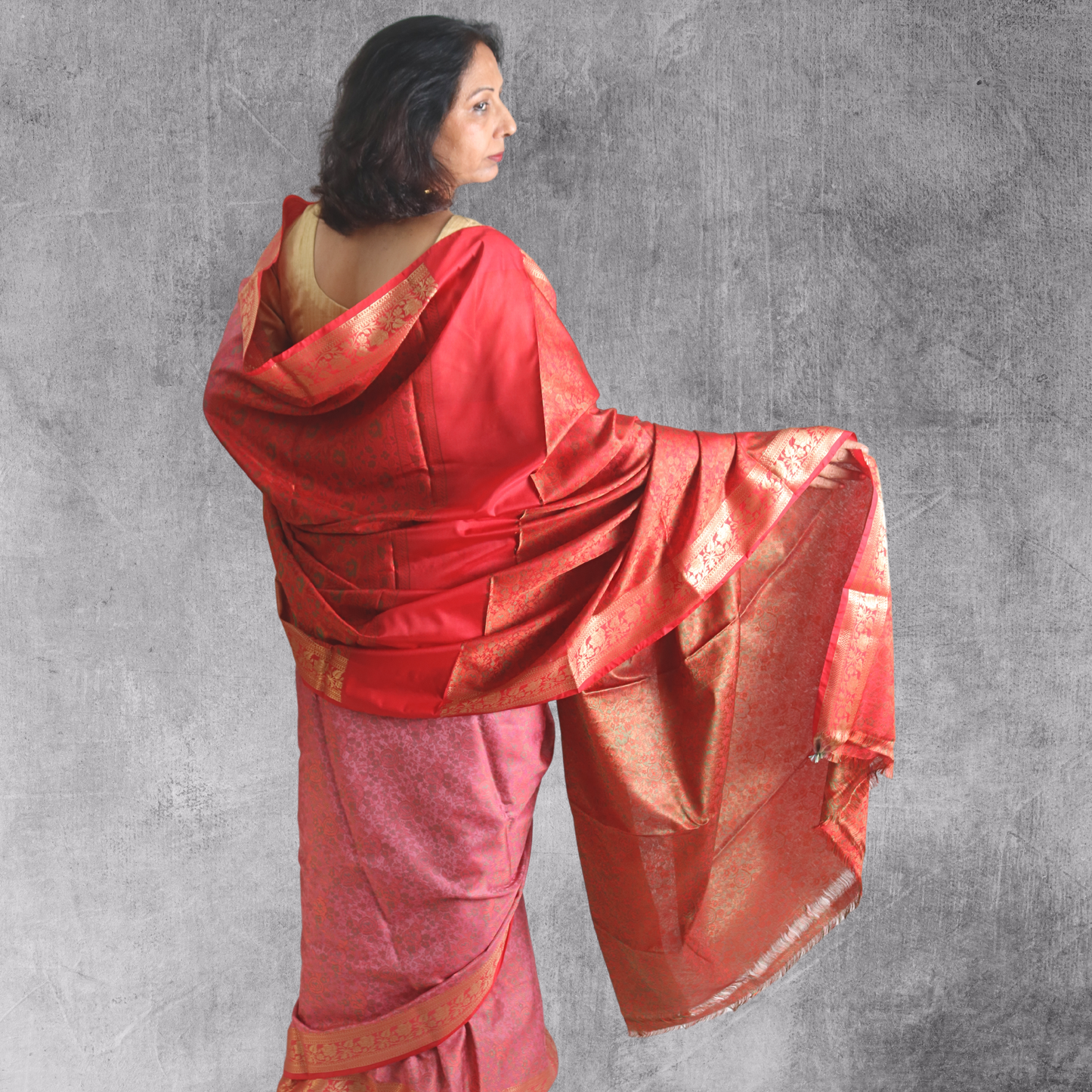 Saree Resham Tanchhui with blouse Pink with Red Border Pallu