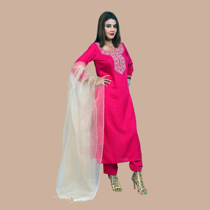 Suit sets emboridery rayon magenta with dupatta