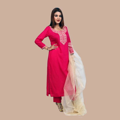 Suit sets emboridery rayon magenta with dupatta