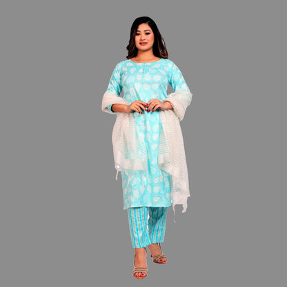 Suit set Printed Rayon Sky Blue with Dupatta